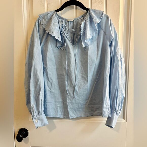 St Roche Virginia Sky Blue Women's Poplin Blouse with Eyelet Collar - Picture 2 of 12